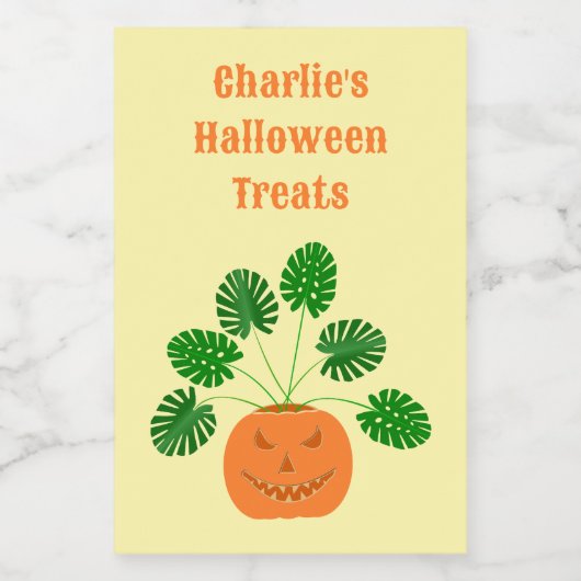 Halloween Monstera Plant in Pumpkin Custom Voedselcontainer Etiket (Enkel label)