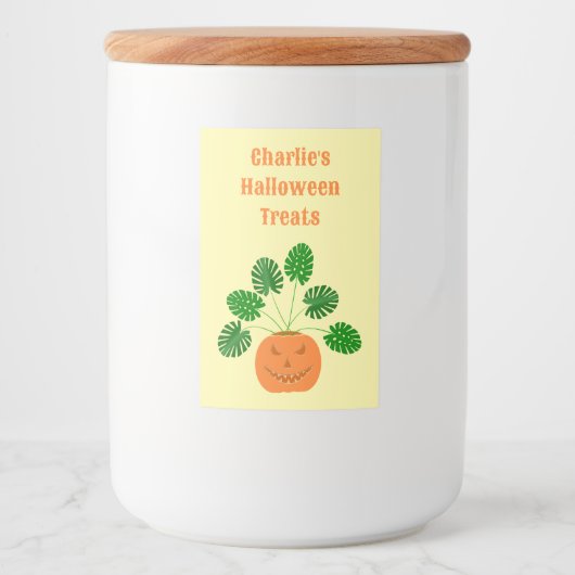 Halloween Monstera Plant in Pumpkin Custom Voedselcontainer Etiket (Voorkant)