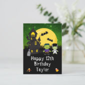 Halloween Monsters Green Happy Birthday Briefkaart (Staand voorkant)