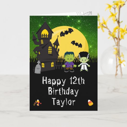 Halloween Monsters Green Happy Birthday Kaart (Gele Bloem)