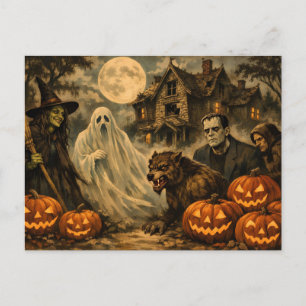 Halloween Monsters, Heks, Spoken Huis, Pompoenen Briefkaart
