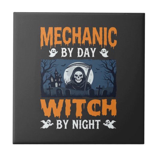 Halloween monteur overdag heks 's nachts tegeltje (Voorkant)