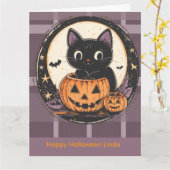 Halloween Mooie Kat Herfst Kaart (Gele Bloem)