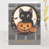 Halloween Mooie Kat Herfst Kaart (Gele Bloem)