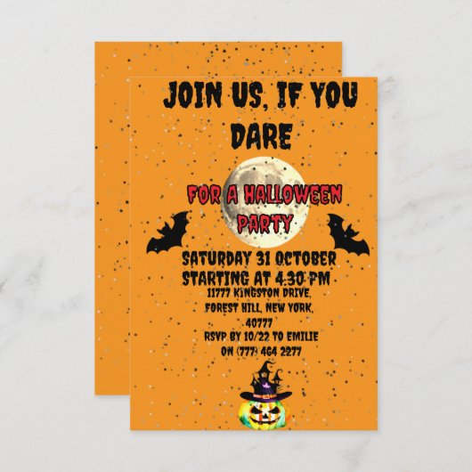 Halloween Moon & Bat en pompoen Party Uitnodiging (Voorkant / Achterkant)