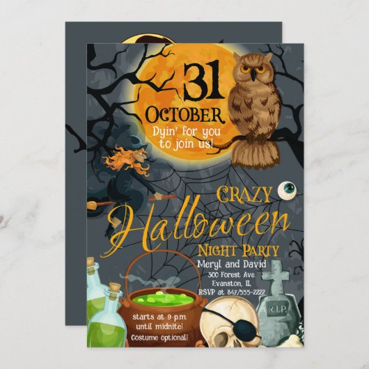 Halloween Moon en Uil Party uitnodiging (Voorkant / Achterkant)
