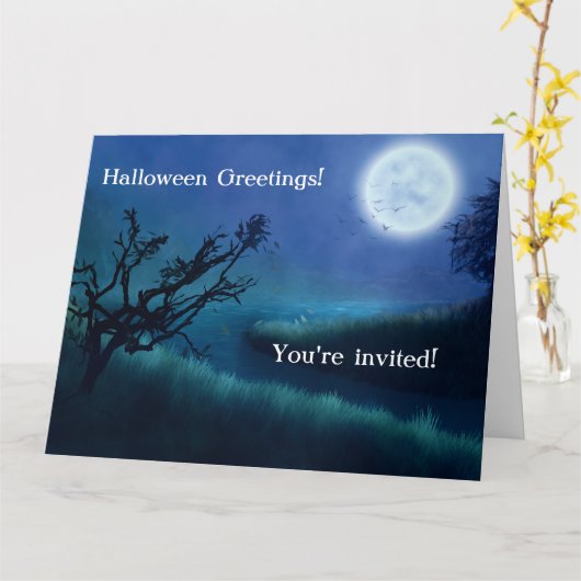 Halloween Moon 's nachts in Shades of Blue & Green Kaart (Gele Bloem)