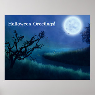 Halloween Moon 's nachts in Shades of Blue & Green Poster