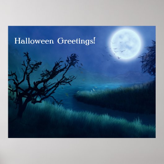 Halloween Moon 's nachts in Shades of Blue & Green Poster (Voorkant)