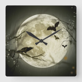 Halloween Moon Spooky Crows Vierkante Klok