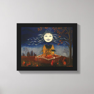 Halloween Moon Trick or treat Devil Black Cat Canvas Afdruk