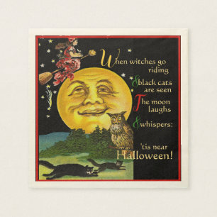 Halloween Moon Watching Witch met Gedicht Servet