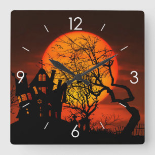 Halloween Moonlight Haunted House Vierkante Klok