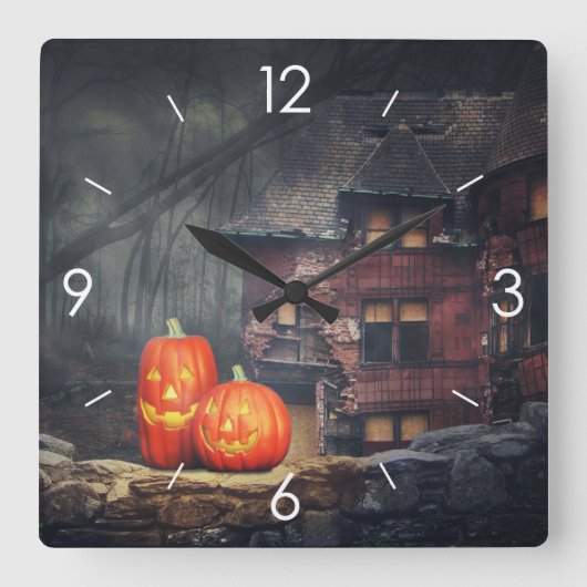 Halloween Moonlight Haunted House Vierkante Klok (Voorkant)