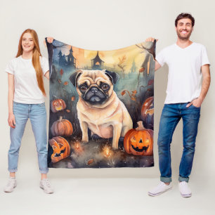 Halloween Mops met Pompoenen Eng Fleece Deken