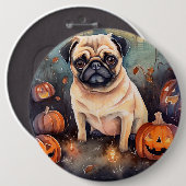 Halloween Mops met Pompoenen Eng Ronde Button 6,0 Cm (Voorkant /achterkant)