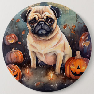 Halloween Mops met Pompoenen Eng Ronde Button 6,0 Cm