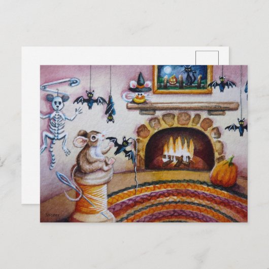 Halloween Mouse Hanging Bat Decorations Waterverf Briefkaart (Voorkant / Achterkant)