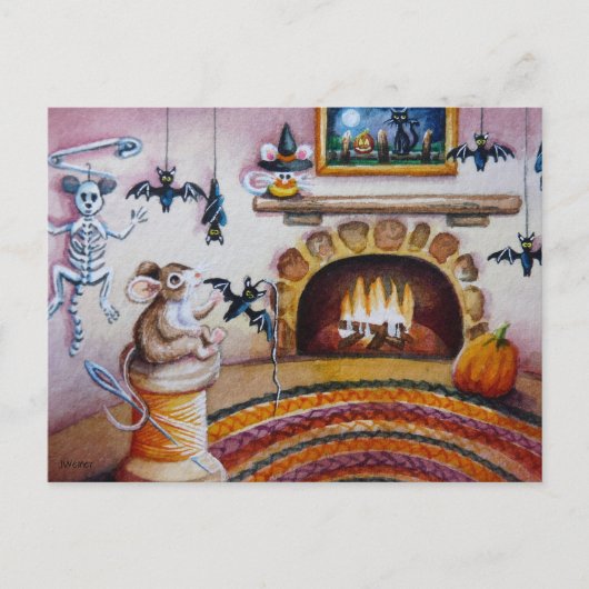 Halloween Mouse Hanging Bat Decorations Waterverf Briefkaart (Voorkant)