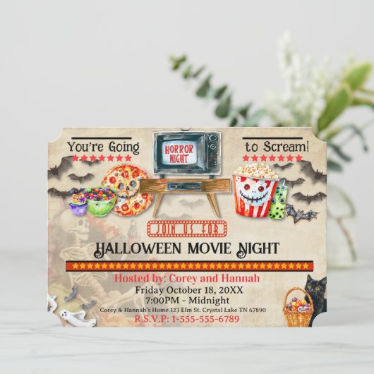 Halloween Movie Night Invitation Kaart (Staand voorkant)