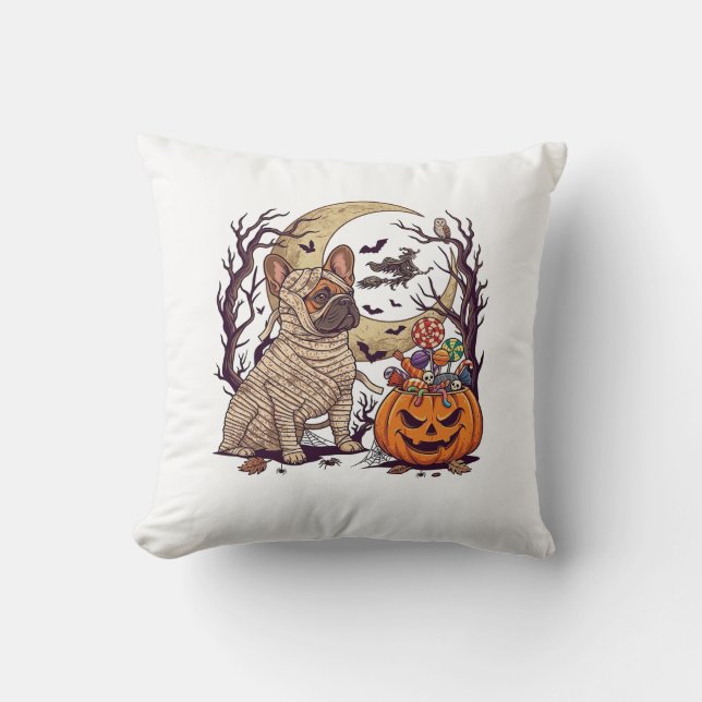 Halloween Mummie Franse Bulldog Pompoen Snoep Heks Kussen (Voorkant)