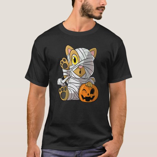 Halloween Mummie Kat Pompoen Kitten T-shirt (Voorkant)