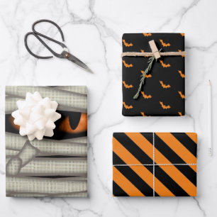 Halloween Mummy Eyes/Bats/Stripes Oranje ID685 Inpakpapier Vel