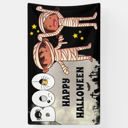 Halloween mummy kinder graveyard boe full moon spandoek (Verticaal)