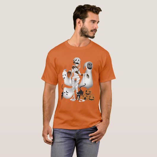Halloween Mummy met Kitty Cats en Ghost Mannen T-shirt (Voorkant volledig)