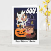 Halloween Mummy, Pumpkin and Werewolf Personalized Kaart (Gele Bloem)