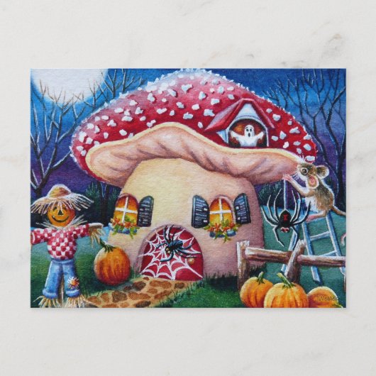 Halloween Mushroom House Spiders Waterverf Briefkaart (Voorkant)