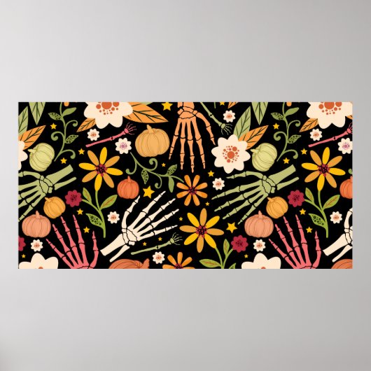 Halloween naadloos patroon met botten en flora poster (Voorkant)
