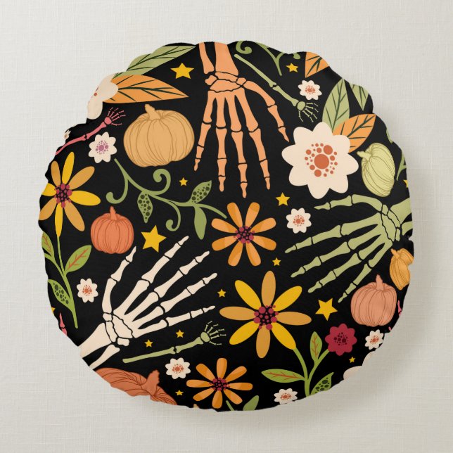 Halloween naadloos patroon met botten en flora rond kussen (Voorkant)