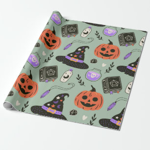 Halloween naadloos patroon met heks pet, pompoen cadeaupapier