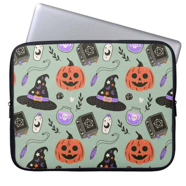 Halloween naadloos patroon met heks pet, pompoen laptop sleeve (Voorkant)