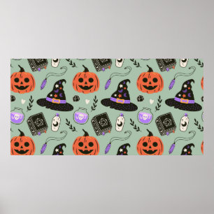 Halloween naadloos patroon met heks pet, pompoen  poster