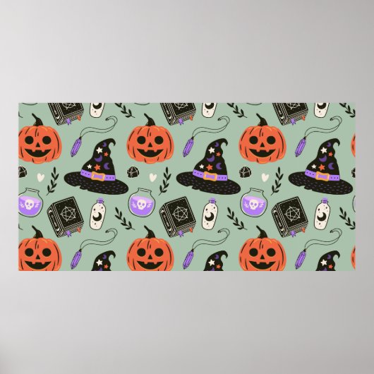 Halloween naadloos patroon met heks pet, pompoen  poster (Voorkant)