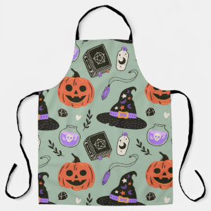 Halloween naadloos patroon met heks pet, pompoen schort