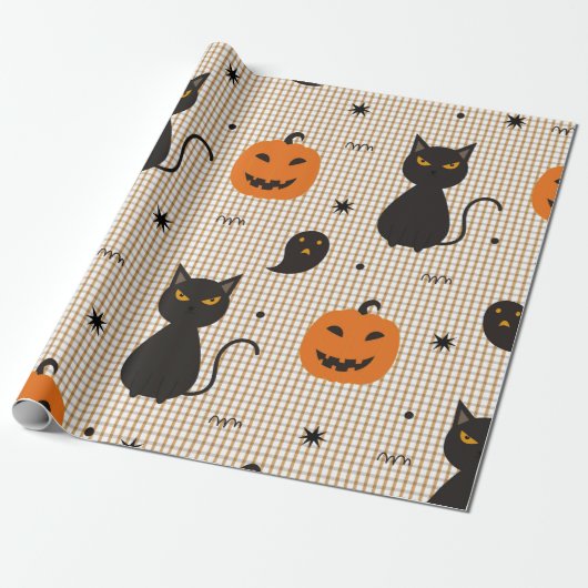 Halloween naadloos patroon met zwarte kat en ghos cadeaupapier (Uitgerold)