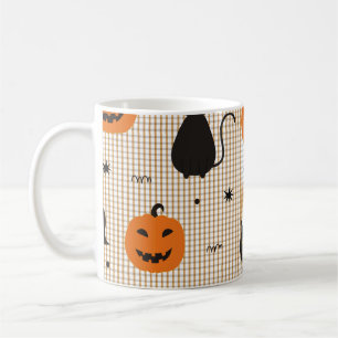 Halloween naadloos patroon met zwarte kat en ghos koffiemok