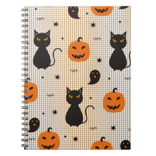 Halloween naadloos patroon met zwarte kat en ghos notitieboek