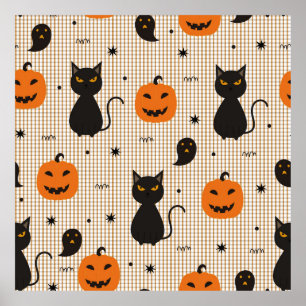 Halloween naadloos patroon met zwarte kat en ghos poster