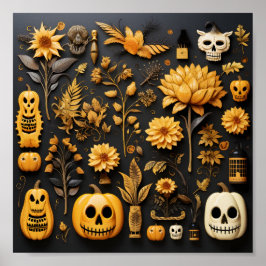 Halloween naadloze patroon pompoenen en bloemen poster