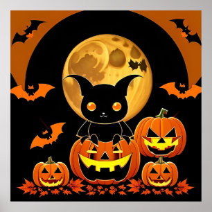 Halloween Nacht Cartoon Vleermuizen Pompoenen Voll Poster