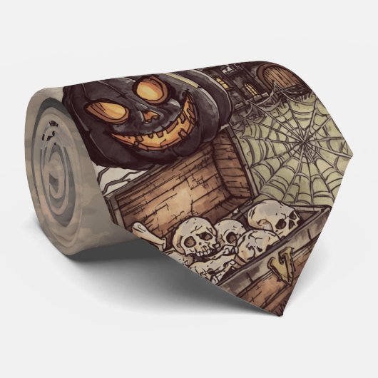 Halloween Nacht: De Enge Zwarte Pompoen Bewakers Stropdas (Opgerold)