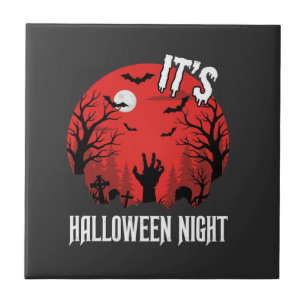 Halloween Nacht Griezelige Begraafplaats Vector Tegeltje