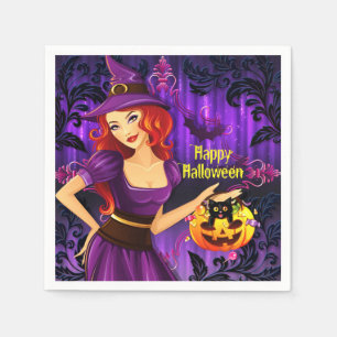 Halloween nacht heks pompoen en zwart kat papier servet