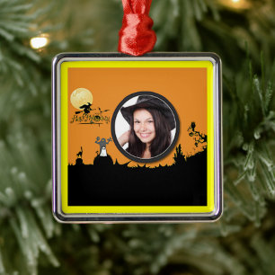 Halloween Nacht in Oranje Gloed Voeg Jouw Foto Toe Metalen Ornament