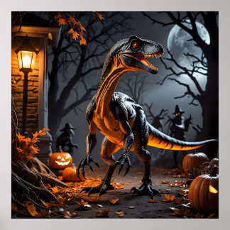 Halloween nacht met een velociraptor poster