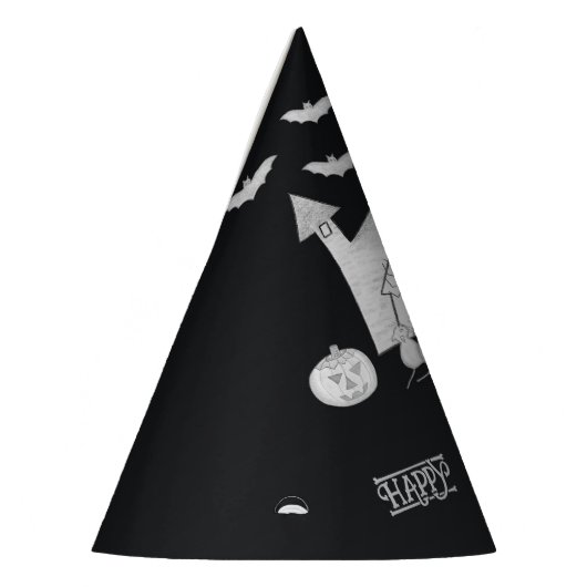 Halloween nacht met spookhuis, vleermuizen, feest  feesthoedjes (Links)